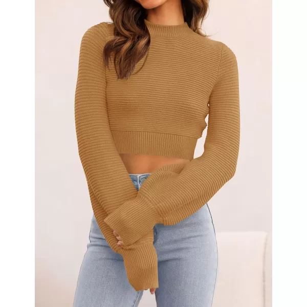 imageZESICA Womens Fall Mock Neck Cropped Sweater 2024 Long Sleeve Soft Ribbed Knit Pullover Jumper TopsCamel