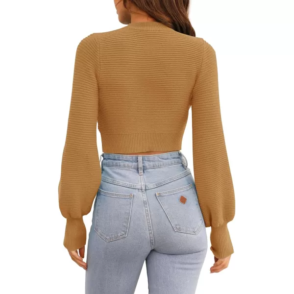 imageZESICA Womens Fall Mock Neck Cropped Sweater 2024 Long Sleeve Soft Ribbed Knit Pullover Jumper TopsCamel
