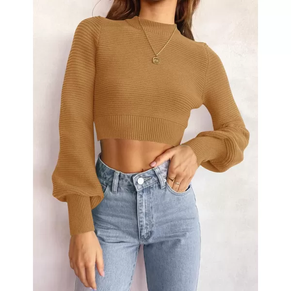 imageZESICA Womens Fall Mock Neck Cropped Sweater 2024 Long Sleeve Soft Ribbed Knit Pullover Jumper TopsCamel