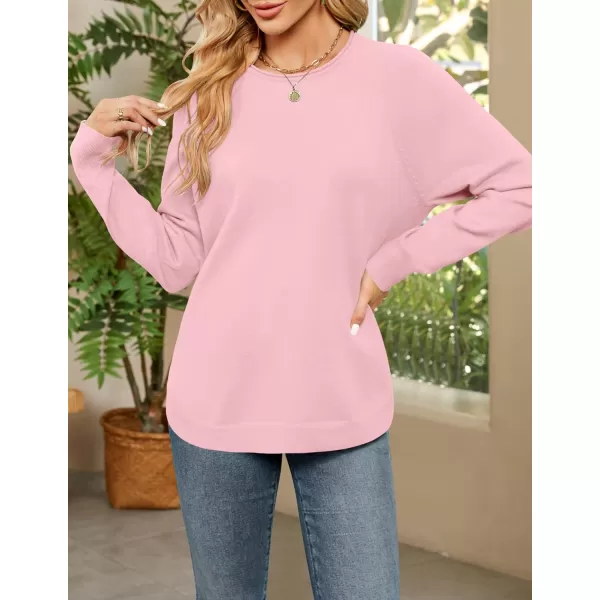 imageZESICA Womens Fall Oversized Crew Neck Sweater 2023 Long Sleeve Solid Color Casual Knitted Pullover Tunic TopsPink