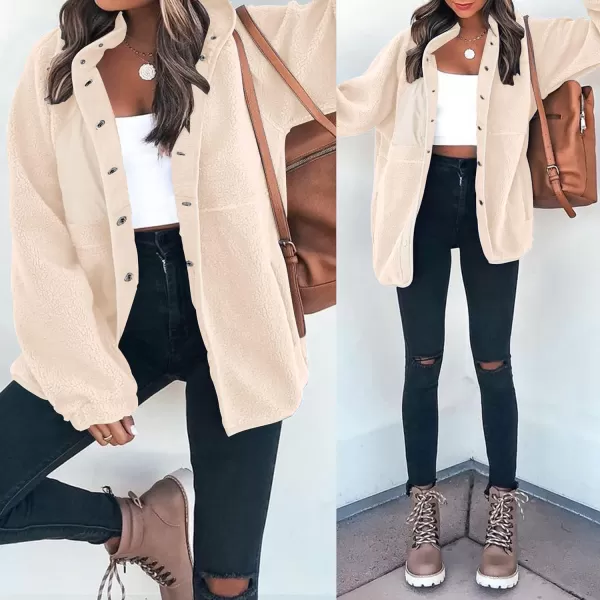 imageZESICA Womens Fall Winter Sherpa Fleece Jacket Casual Long Sleeve Button Down Fuzzy Shacket Outerwear CoatApricot