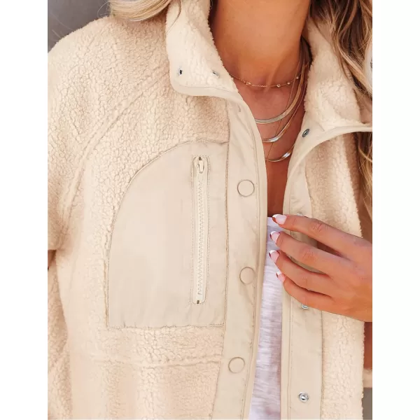 imageZESICA Womens Fall Winter Sherpa Fleece Jacket Casual Long Sleeve Button Down Fuzzy Shacket Outerwear CoatApricot
