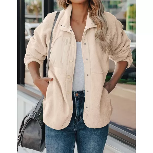 imageZESICA Womens Fall Winter Sherpa Fleece Jacket Casual Long Sleeve Button Down Fuzzy Shacket Outerwear CoatApricot