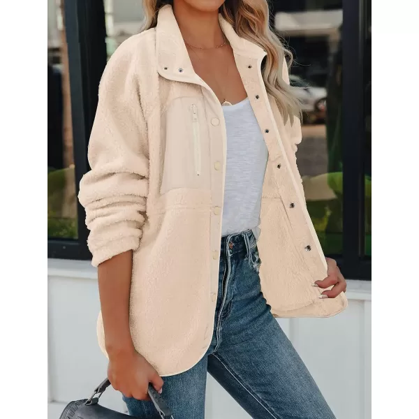 imageZESICA Womens Fall Winter Sherpa Fleece Jacket Casual Long Sleeve Button Down Fuzzy Shacket Outerwear CoatApricot