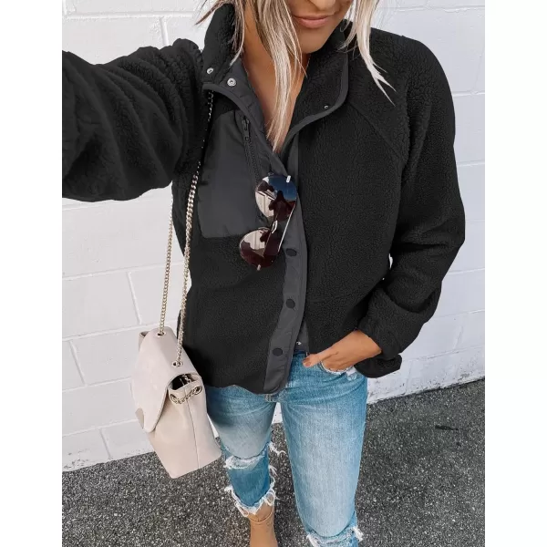 imageZESICA Womens Fall Winter Sherpa Fleece Jacket Casual Long Sleeve Button Down Fuzzy Shacket Outerwear CoatBlack