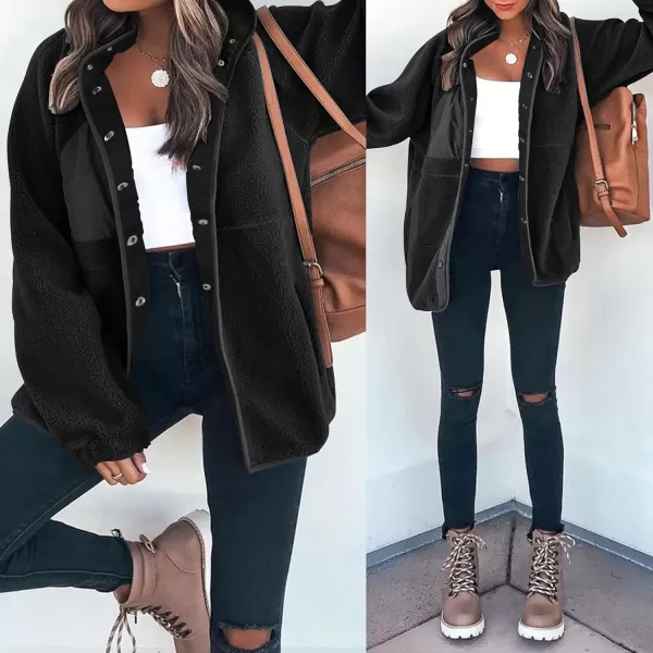 imageZESICA Womens Fall Winter Sherpa Fleece Jacket Casual Long Sleeve Button Down Fuzzy Shacket Outerwear CoatBlack