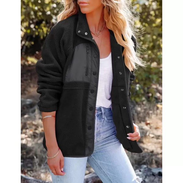 imageZESICA Womens Fall Winter Sherpa Fleece Jacket Casual Long Sleeve Button Down Fuzzy Shacket Outerwear CoatBlack
