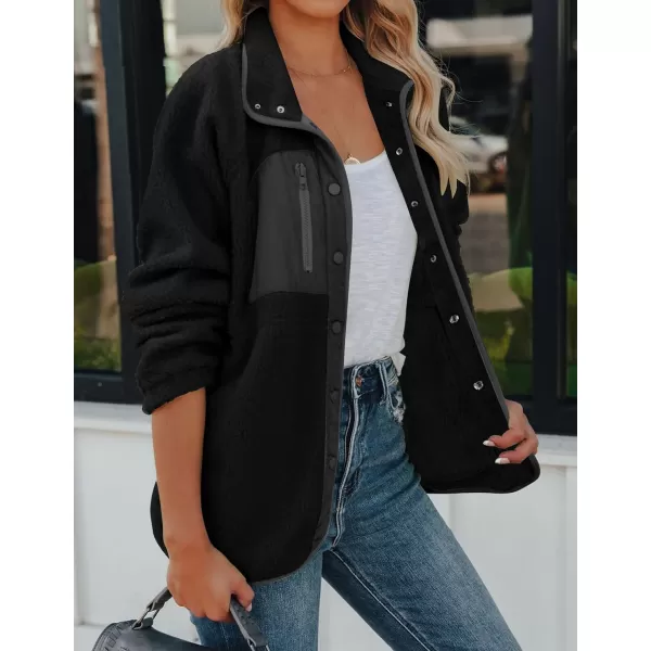 imageZESICA Womens Fall Winter Sherpa Fleece Jacket Casual Long Sleeve Button Down Fuzzy Shacket Outerwear CoatBlack