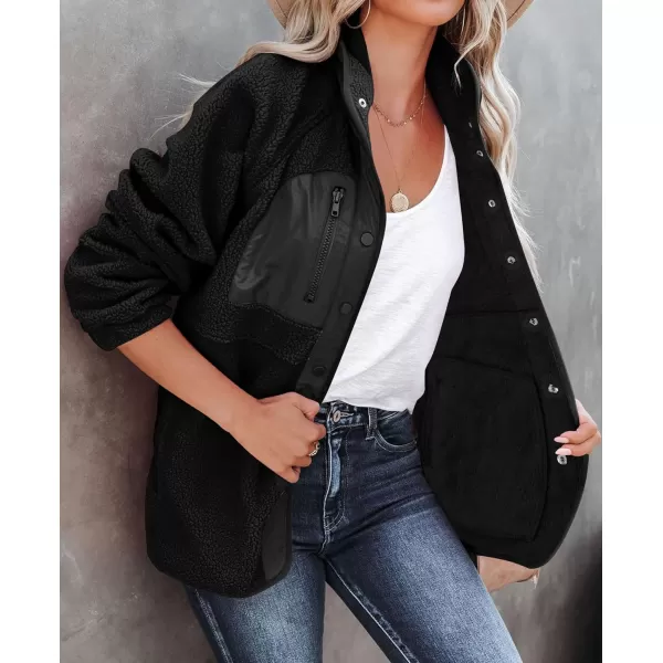 imageZESICA Womens Fall Winter Sherpa Fleece Jacket Casual Long Sleeve Button Down Fuzzy Shacket Outerwear CoatBlack