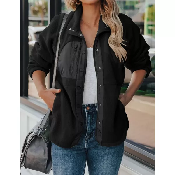 imageZESICA Womens Fall Winter Sherpa Fleece Jacket Casual Long Sleeve Button Down Fuzzy Shacket Outerwear CoatBlack