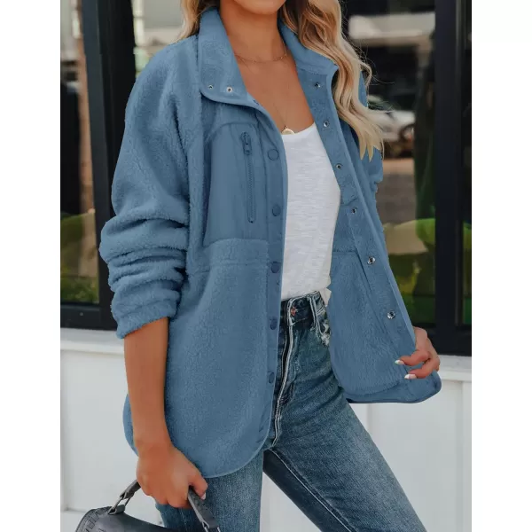 imageZESICA Womens Fall Winter Sherpa Fleece Jacket Casual Long Sleeve Button Down Fuzzy Shacket Outerwear CoatBlue