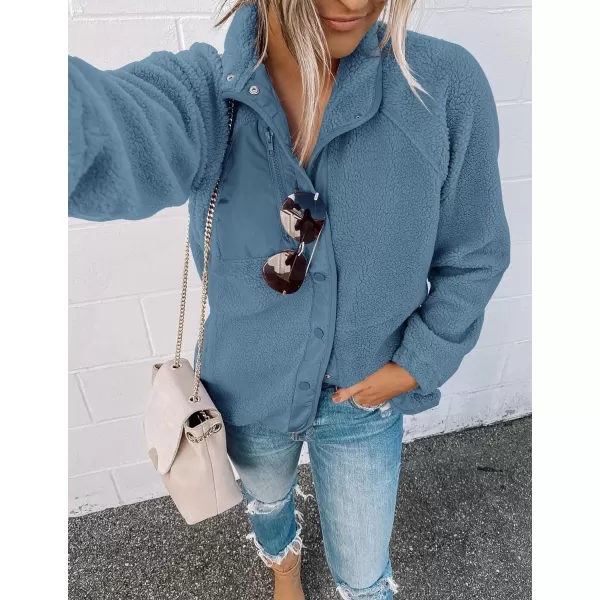 imageZESICA Womens Fall Winter Sherpa Fleece Jacket Casual Long Sleeve Button Down Fuzzy Shacket Outerwear CoatBlue