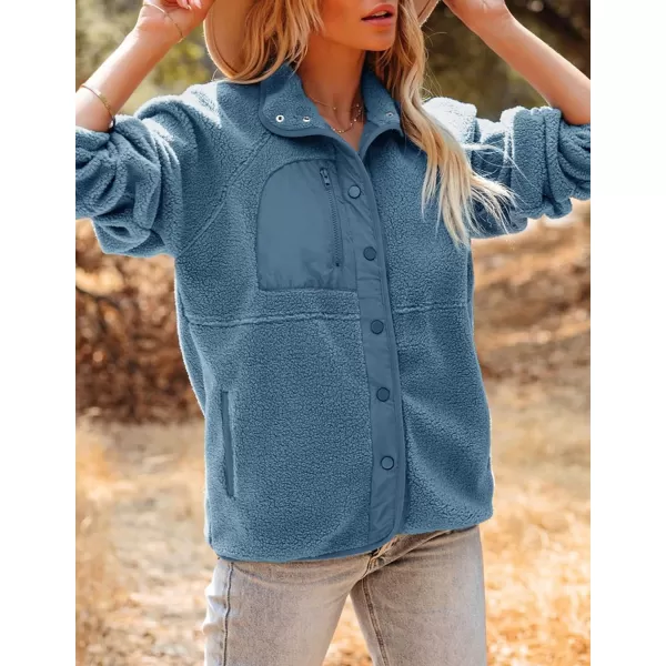 imageZESICA Womens Fall Winter Sherpa Fleece Jacket Casual Long Sleeve Button Down Fuzzy Shacket Outerwear CoatBlue