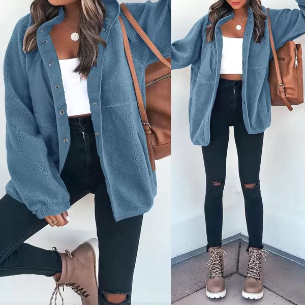 imageZESICA Womens Fall Winter Sherpa Fleece Jacket Casual Long Sleeve Button Down Fuzzy Shacket Outerwear CoatBlue