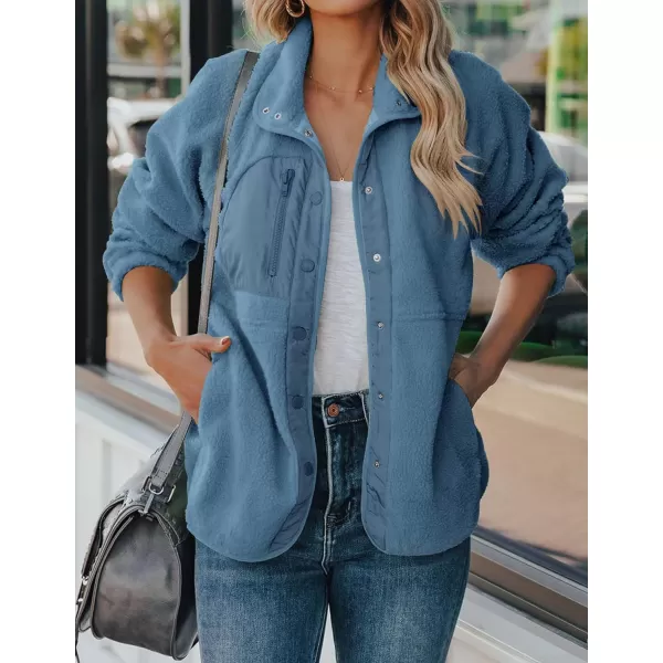 imageZESICA Womens Fall Winter Sherpa Fleece Jacket Casual Long Sleeve Button Down Fuzzy Shacket Outerwear CoatBlue