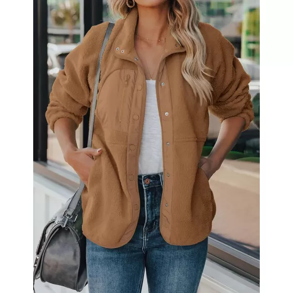 imageZESICA Womens Fall Winter Sherpa Fleece Jacket Casual Long Sleeve Button Down Fuzzy Shacket Outerwear CoatCamel