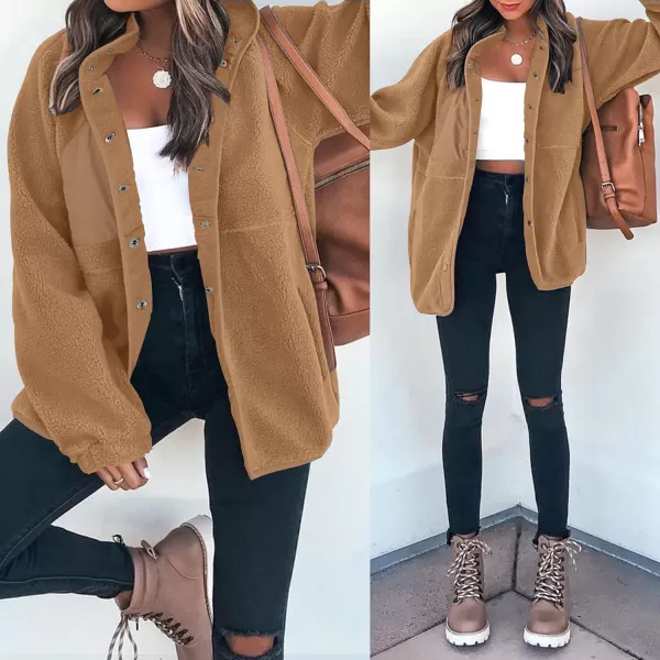 imageZESICA Womens Fall Winter Sherpa Fleece Jacket Casual Long Sleeve Button Down Fuzzy Shacket Outerwear CoatCamel