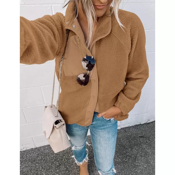 imageZESICA Womens Fall Winter Sherpa Fleece Jacket Casual Long Sleeve Button Down Fuzzy Shacket Outerwear CoatCamel