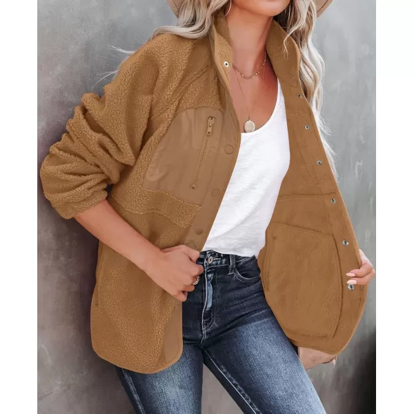 imageZESICA Womens Fall Winter Sherpa Fleece Jacket Casual Long Sleeve Button Down Fuzzy Shacket Outerwear CoatCamel