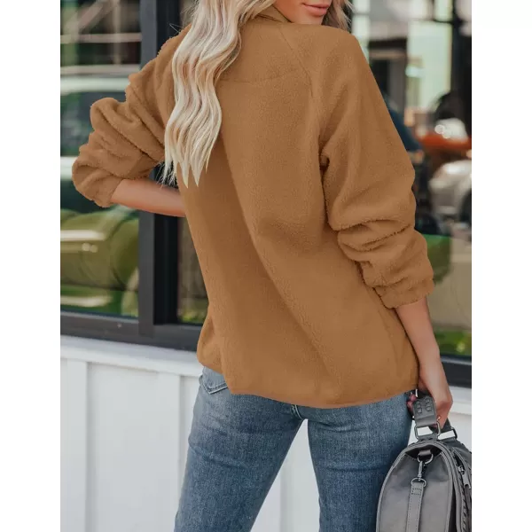 imageZESICA Womens Fall Winter Sherpa Fleece Jacket Casual Long Sleeve Button Down Fuzzy Shacket Outerwear CoatCamel