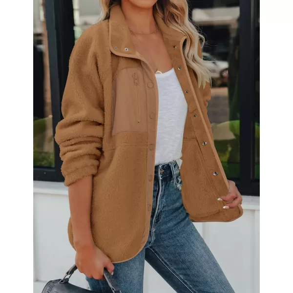 imageZESICA Womens Fall Winter Sherpa Fleece Jacket Casual Long Sleeve Button Down Fuzzy Shacket Outerwear CoatCamel