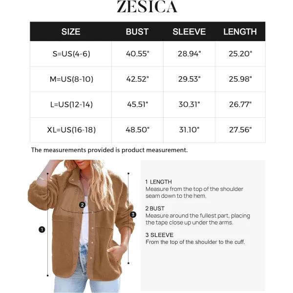 imageZESICA Womens Fall Winter Sherpa Fleece Jacket Casual Long Sleeve Button Down Fuzzy Shacket Outerwear CoatCamel