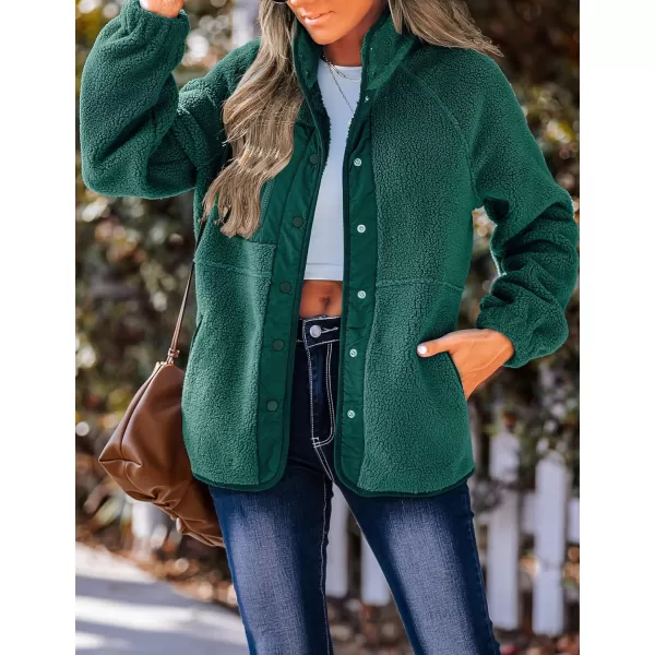 imageZESICA Womens Fall Winter Sherpa Fleece Jacket Casual Long Sleeve Button Down Fuzzy Shacket Outerwear CoatDarkgreen