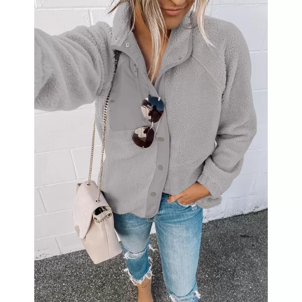 imageZESICA Womens Fall Winter Sherpa Fleece Jacket Casual Long Sleeve Button Down Fuzzy Shacket Outerwear CoatGrey