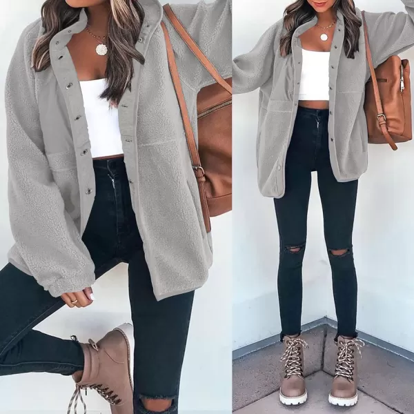 imageZESICA Womens Fall Winter Sherpa Fleece Jacket Casual Long Sleeve Button Down Fuzzy Shacket Outerwear CoatGrey