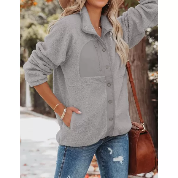 imageZESICA Womens Fall Winter Sherpa Fleece Jacket Casual Long Sleeve Button Down Fuzzy Shacket Outerwear CoatGrey