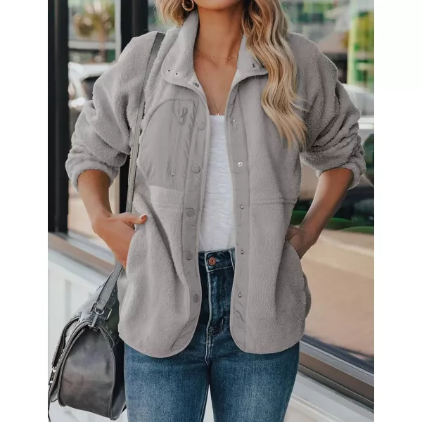 imageZESICA Womens Fall Winter Sherpa Fleece Jacket Casual Long Sleeve Button Down Fuzzy Shacket Outerwear CoatGrey