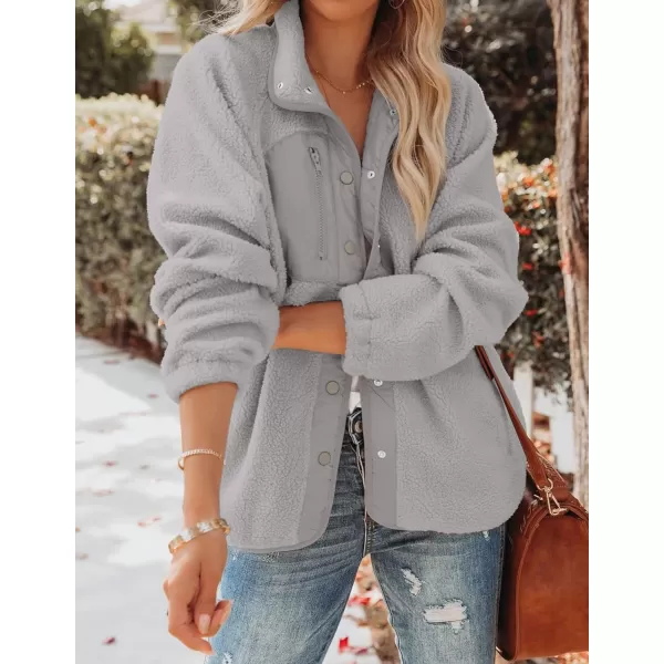 imageZESICA Womens Fall Winter Sherpa Fleece Jacket Casual Long Sleeve Button Down Fuzzy Shacket Outerwear CoatGrey