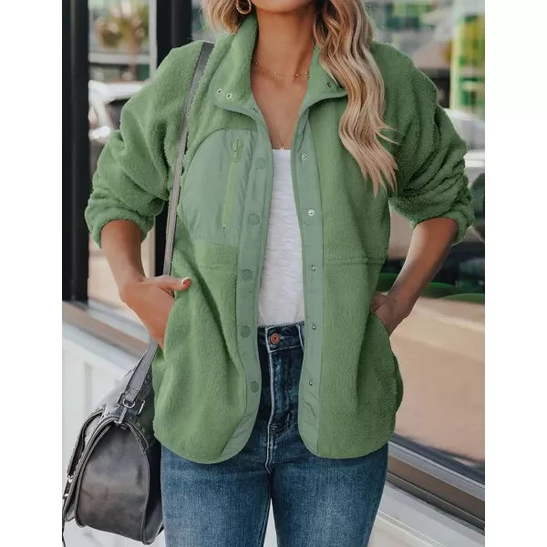 imageZESICA Womens Fall Winter Sherpa Fleece Jacket Casual Long Sleeve Button Down Fuzzy Shacket Outerwear CoatGreygreen