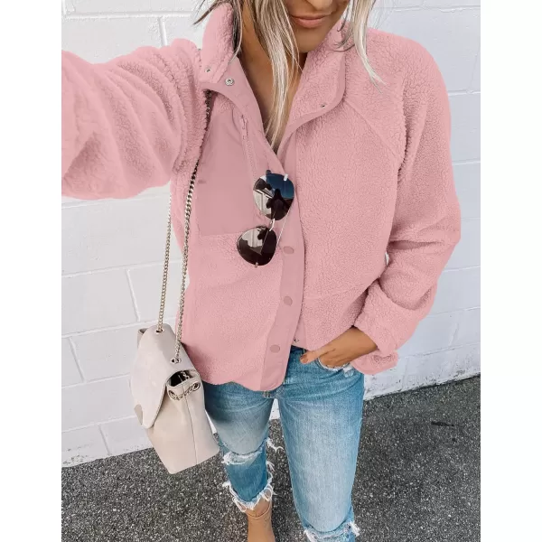 imageZESICA Womens Fall Winter Sherpa Fleece Jacket Casual Long Sleeve Button Down Fuzzy Shacket Outerwear CoatPink