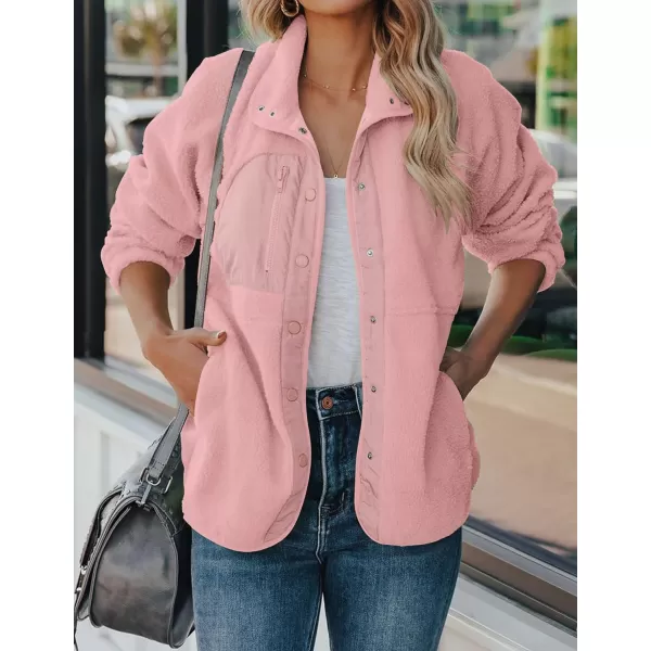 imageZESICA Womens Fall Winter Sherpa Fleece Jacket Casual Long Sleeve Button Down Fuzzy Shacket Outerwear CoatPink