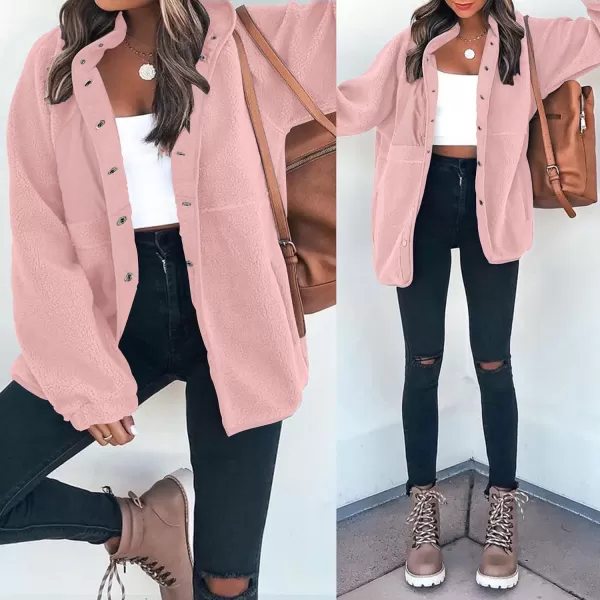 imageZESICA Womens Fall Winter Sherpa Fleece Jacket Casual Long Sleeve Button Down Fuzzy Shacket Outerwear CoatPink