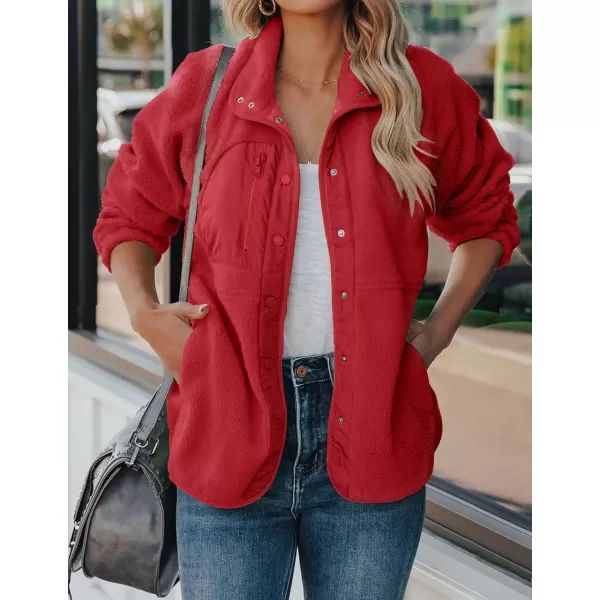 imageZESICA Womens Fall Winter Sherpa Fleece Jacket Casual Long Sleeve Button Down Fuzzy Shacket Outerwear CoatRed