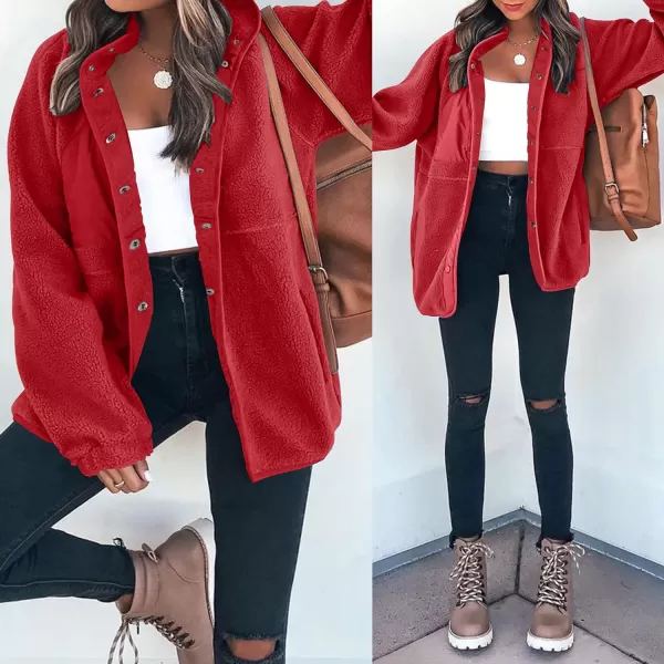 imageZESICA Womens Fall Winter Sherpa Fleece Jacket Casual Long Sleeve Button Down Fuzzy Shacket Outerwear CoatRed