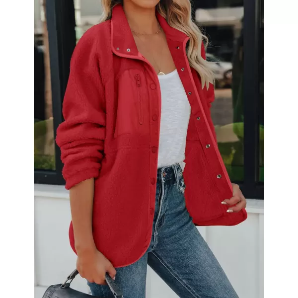imageZESICA Womens Fall Winter Sherpa Fleece Jacket Casual Long Sleeve Button Down Fuzzy Shacket Outerwear CoatRed