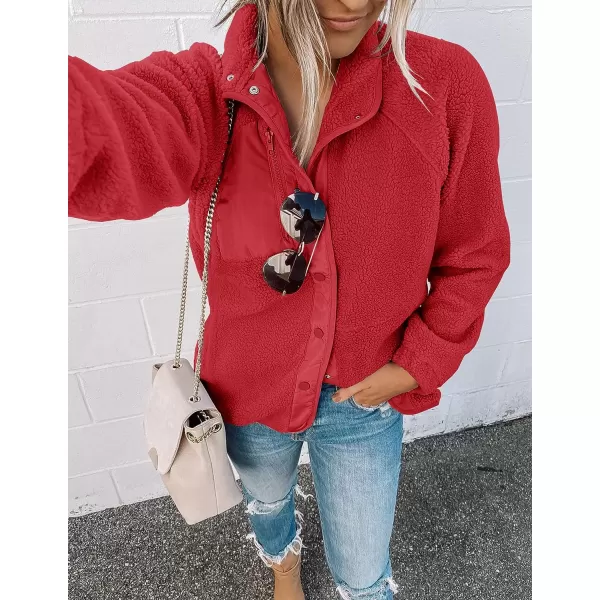 imageZESICA Womens Fall Winter Sherpa Fleece Jacket Casual Long Sleeve Button Down Fuzzy Shacket Outerwear CoatRed