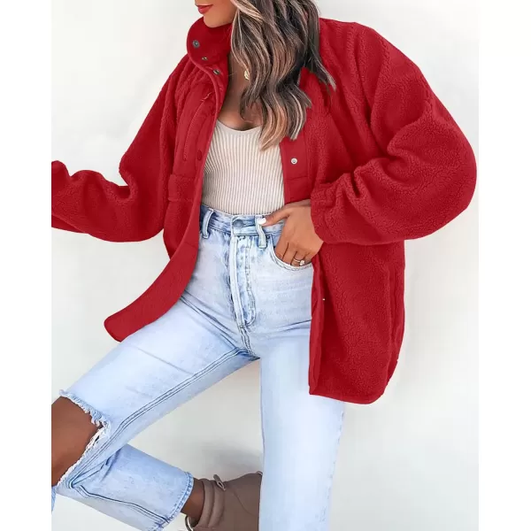imageZESICA Womens Fall Winter Sherpa Fleece Jacket Casual Long Sleeve Button Down Fuzzy Shacket Outerwear CoatRed