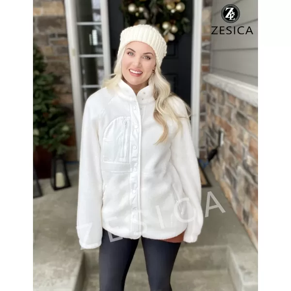imageZESICA Womens Fall Winter Sherpa Fleece Jacket Casual Long Sleeve Button Down Fuzzy Shacket Outerwear CoatWhite