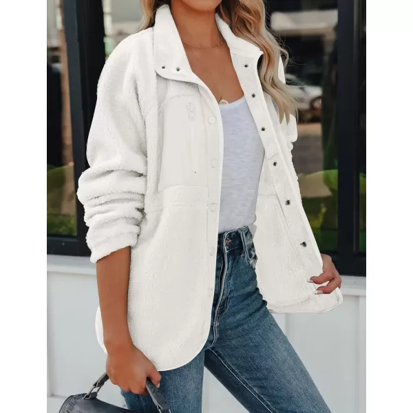 imageZESICA Womens Fall Winter Sherpa Fleece Jacket Casual Long Sleeve Button Down Fuzzy Shacket Outerwear CoatWhite