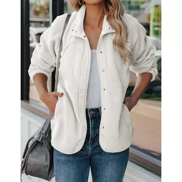 imageZESICA Womens Fall Winter Sherpa Fleece Jacket Casual Long Sleeve Button Down Fuzzy Shacket Outerwear CoatWhite