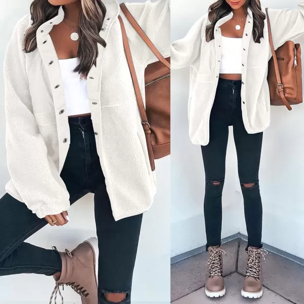 imageZESICA Womens Fall Winter Sherpa Fleece Jacket Casual Long Sleeve Button Down Fuzzy Shacket Outerwear CoatWhite