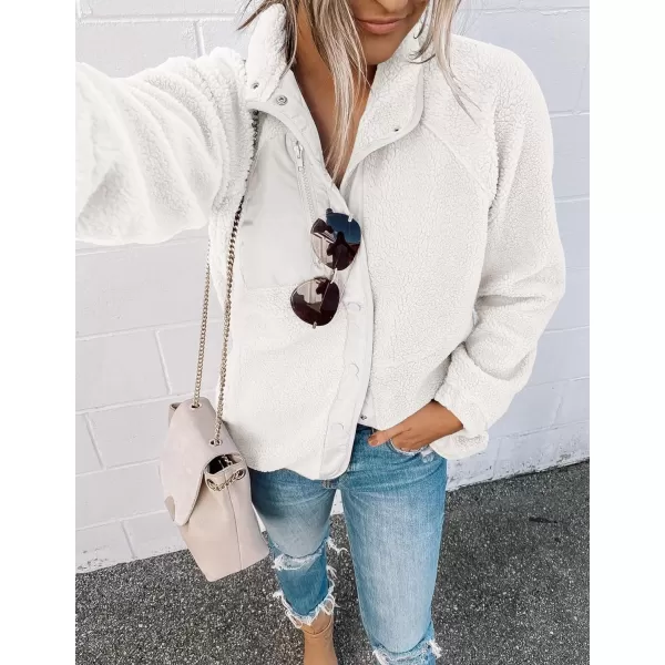 imageZESICA Womens Fall Winter Sherpa Fleece Jacket Casual Long Sleeve Button Down Fuzzy Shacket Outerwear CoatWhite