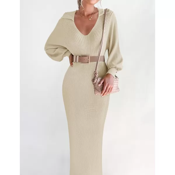 imageZESICA Womens Fall Winter Sweater Dress Long Sleeve Lapel V Neck Ribbed Knit Slim Fit Bodycon Midi Dresses with BeltAlmond