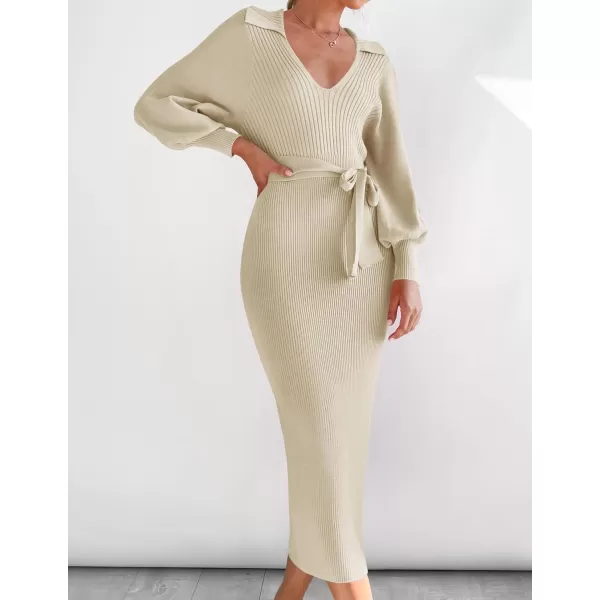imageZESICA Womens Fall Winter Sweater Dress Long Sleeve Lapel V Neck Ribbed Knit Slim Fit Bodycon Midi Dresses with BeltAlmond