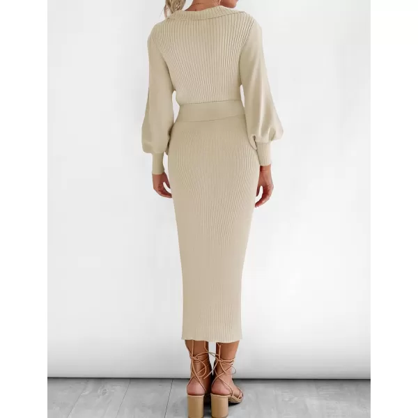 imageZESICA Womens Fall Winter Sweater Dress Long Sleeve Lapel V Neck Ribbed Knit Slim Fit Bodycon Midi Dresses with BeltAlmond