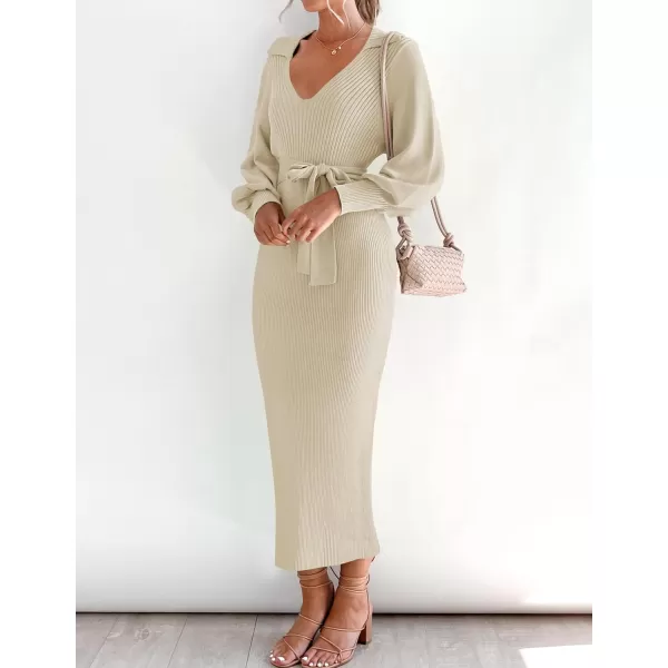 imageZESICA Womens Fall Winter Sweater Dress Long Sleeve Lapel V Neck Ribbed Knit Slim Fit Bodycon Midi Dresses with BeltAlmond